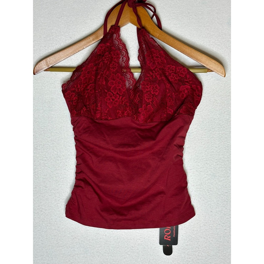ROMWE Maroon Lace Halter Blouse Sleeveless Ruched Top Red Small sw220927480787